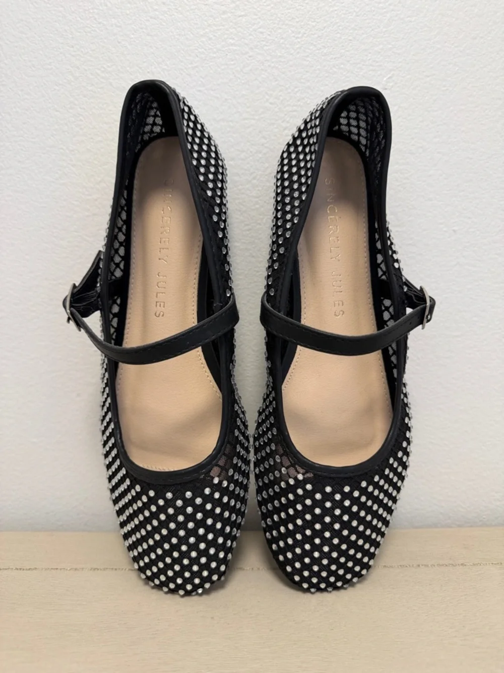 Black Mesh Rhinestone Studded Mary Jane Sincerely Jules Flats - Size 6.5 GUC - Picture 1 of 9